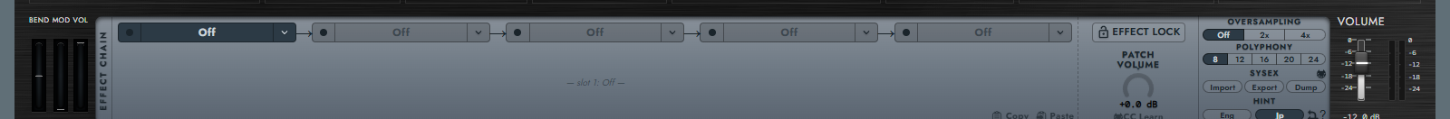 The bottom-row settings (Oversampling / Polyphony / Master Volume meter)